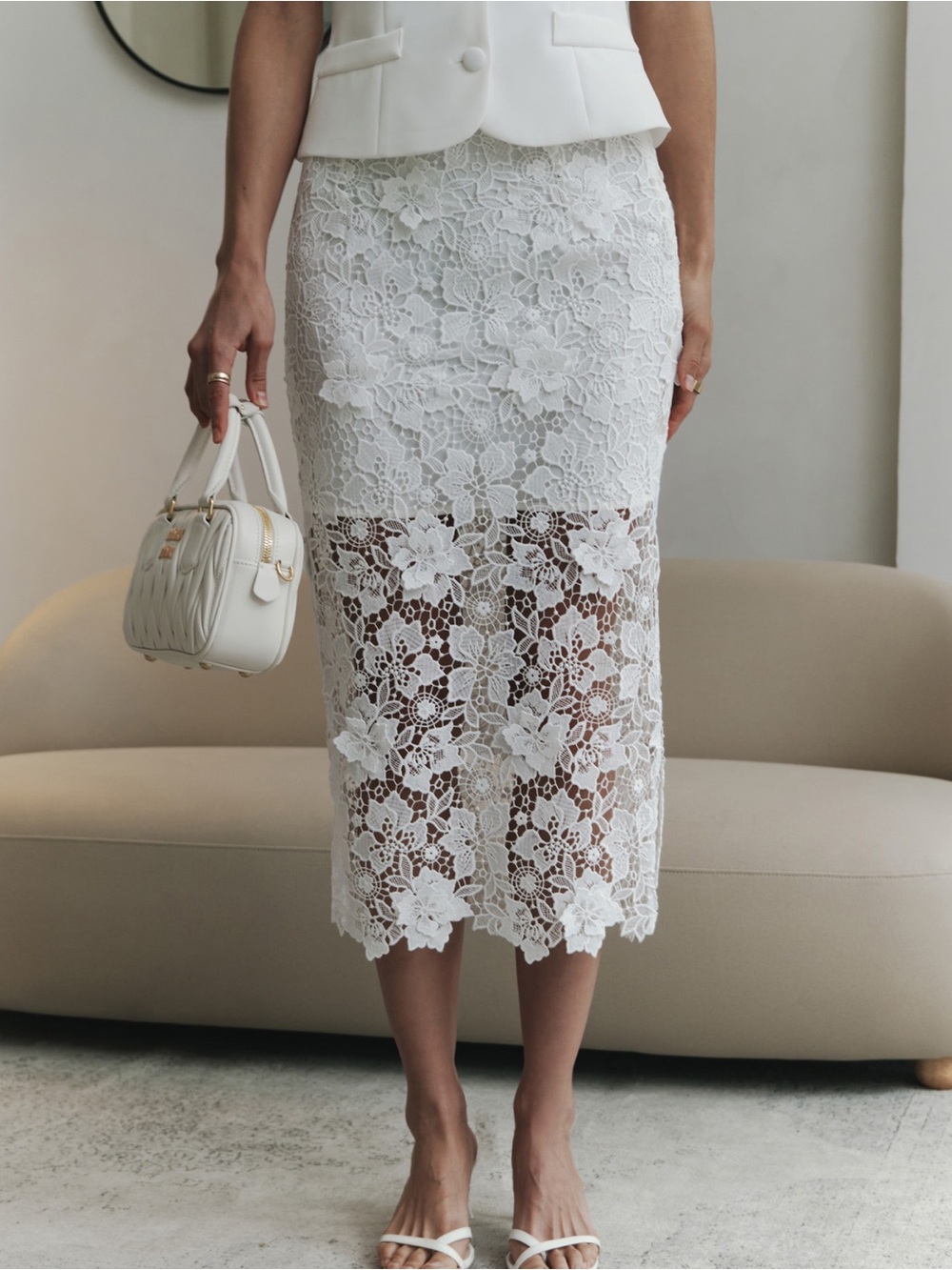 VEE TAYLOR white lace midi skirt floral appliqués